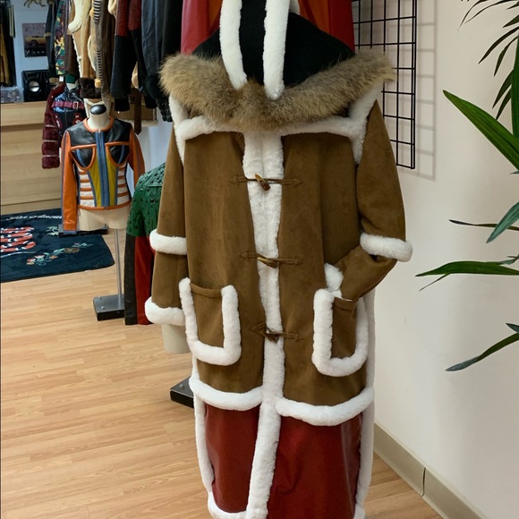 Full length shearling coat with fox fur lined hood
